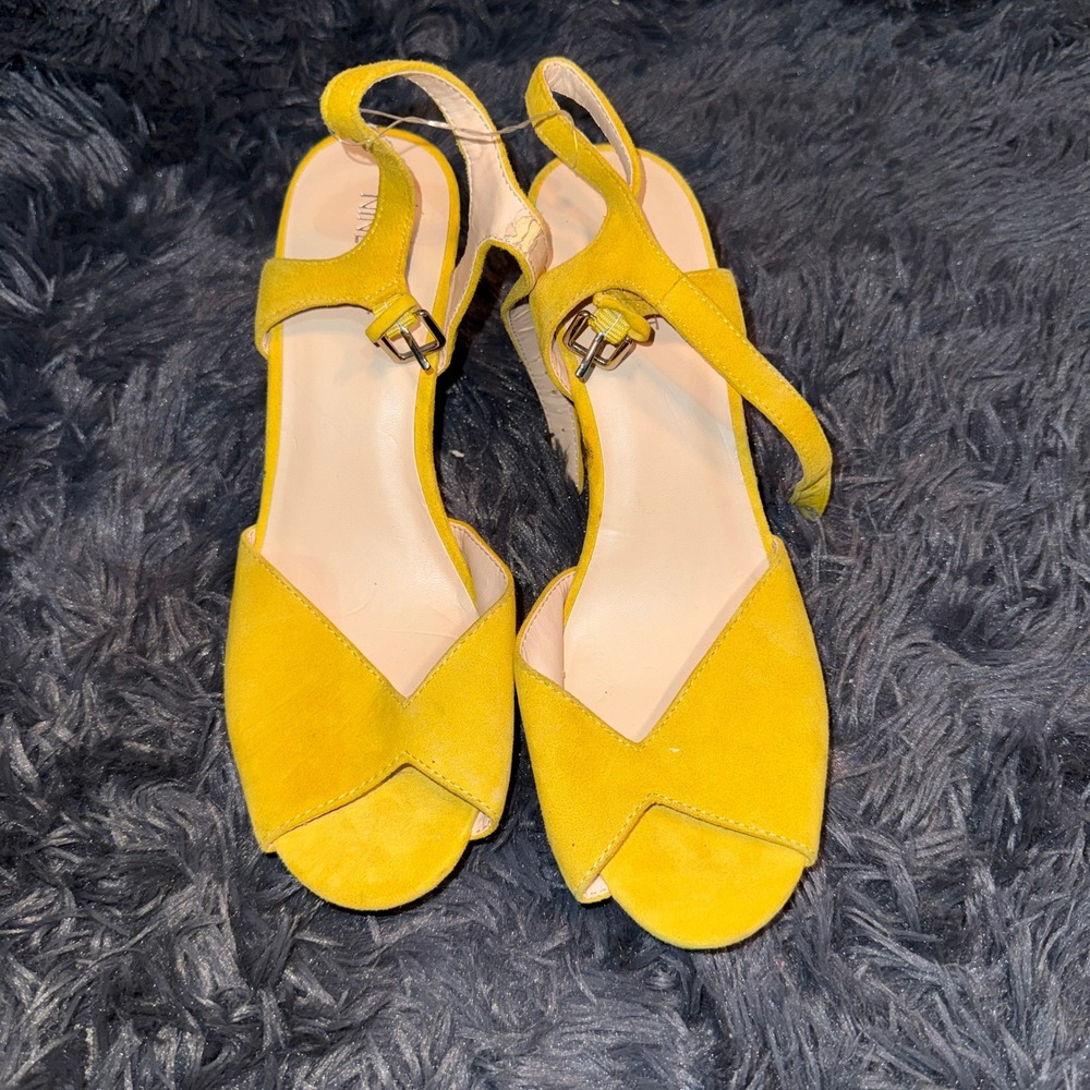 Nine West Big Easy Cork Wedge Sandals Women 9M Yellow Suede Peep Toe Ankle Strap